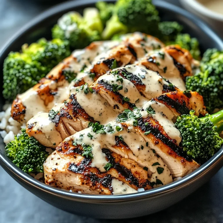 Grilled Chicken & Broccoli Bowls with Creamy Garlic Sauce