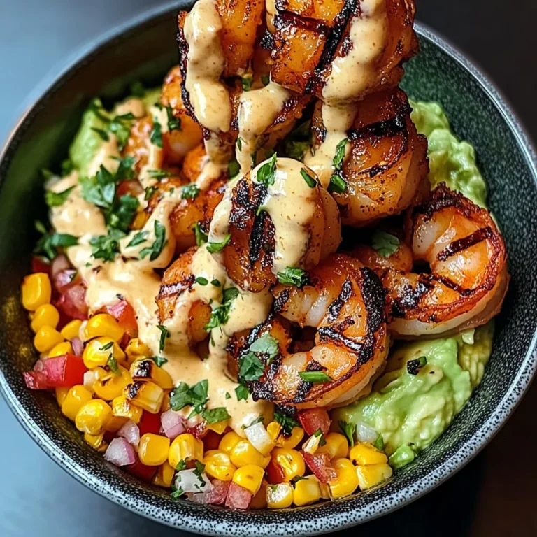 Grilled Shrimp Bowl with Avocado, Corn Salsa & Creamy Sauce