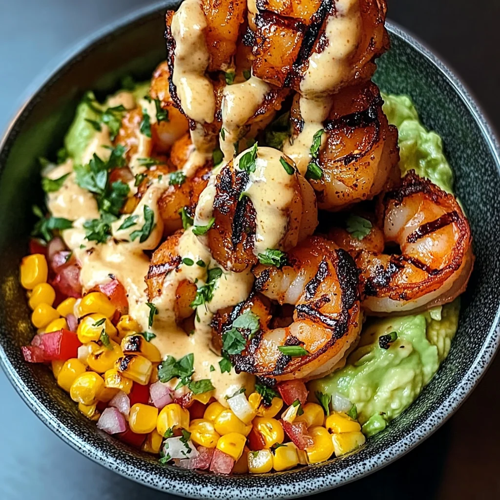 Grilled Shrimp Bowl with Avocado, Corn Salsa & Creamy Sauce